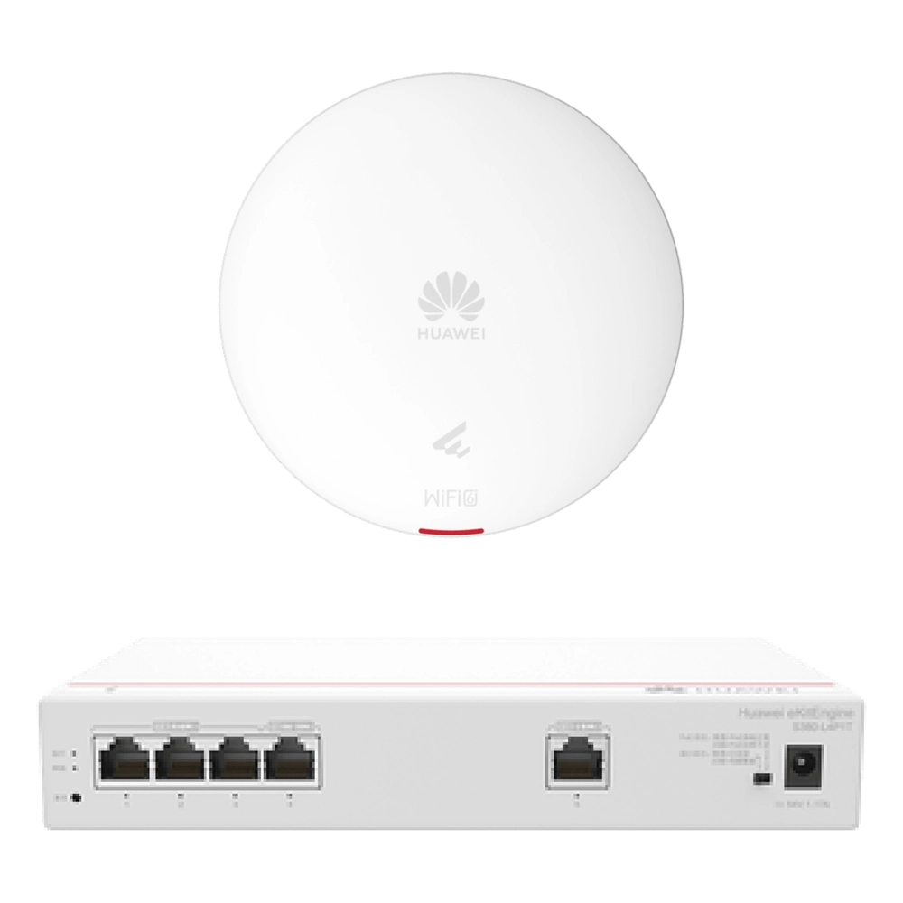 Kit DEMO de Router Multi-Servicio / 1 puerto 10/100/1000 Mbps(WAN) / 4 puertos 10/100/1000 Mbps(LAN) PoE / 50W + Punto de Acceso Wi-Fi 6 / 1.775 Gbps / MU-MIMO 2x2 (2.4GH y 5GHz) / Smart Antenna más cobertura / Instalación en techo y pared
