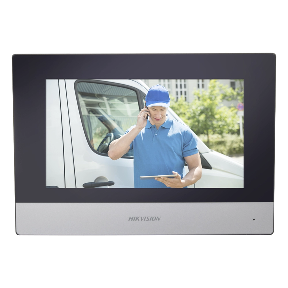Monitor Hibrido IP WiFi Touch Screen 7" para DS-KIS303P / Vídeo en Vivo / PoE Estándar / Apertura Remota / Llamada Entre Monitores / Audio de dos vías / Policarbonato