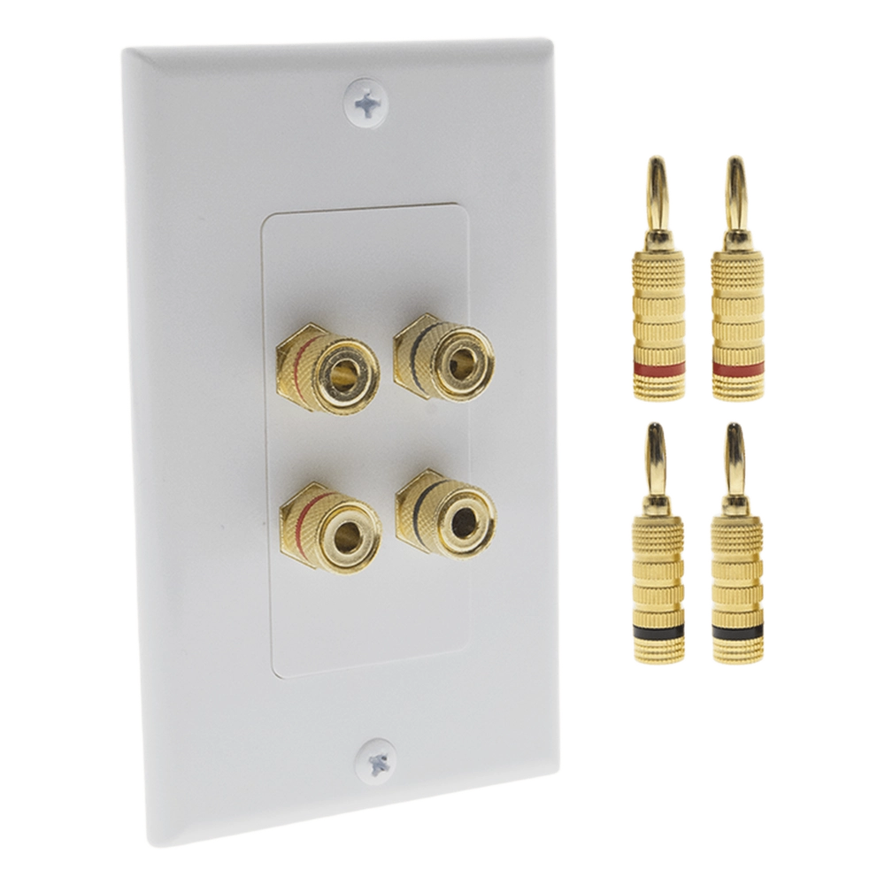 KIT 1 Placa de Pared + 2 Pares Conectores Banana (Rojo+Negro) | Postes de Unión Tipo Banana | Conexión para 2 Altavoces | Fácil Instalación | Conectores Chapados en Oro