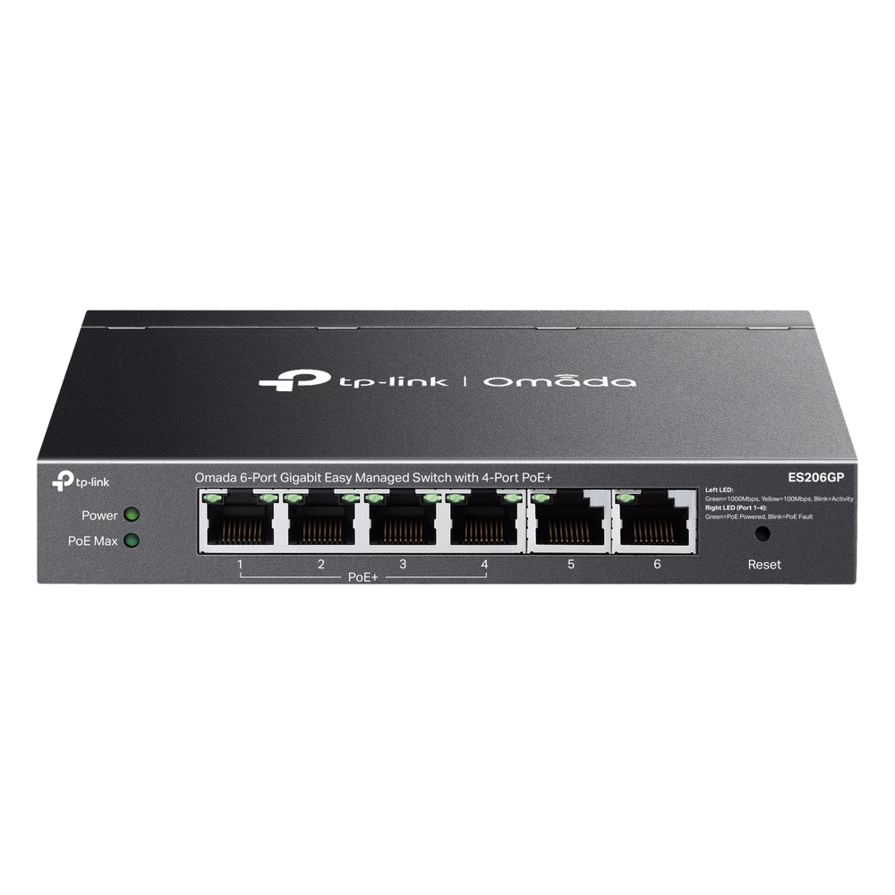 Switch Omada 6 Puertos Gigabit / 4 Puertos PoE+ 65W / Gestión Cloud SDN / Sin Ventiladores / QoS / VLAN / IGMP Snooping / 250 m PoE