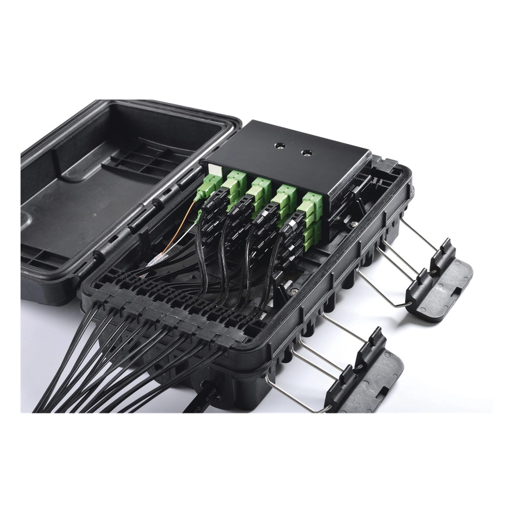 Caja de Distribución de Fibra Óptica para 24 Empalmes, con 16 acopladores SC/APC simplex, Exterior IP65, Color Negro - Imagen 4