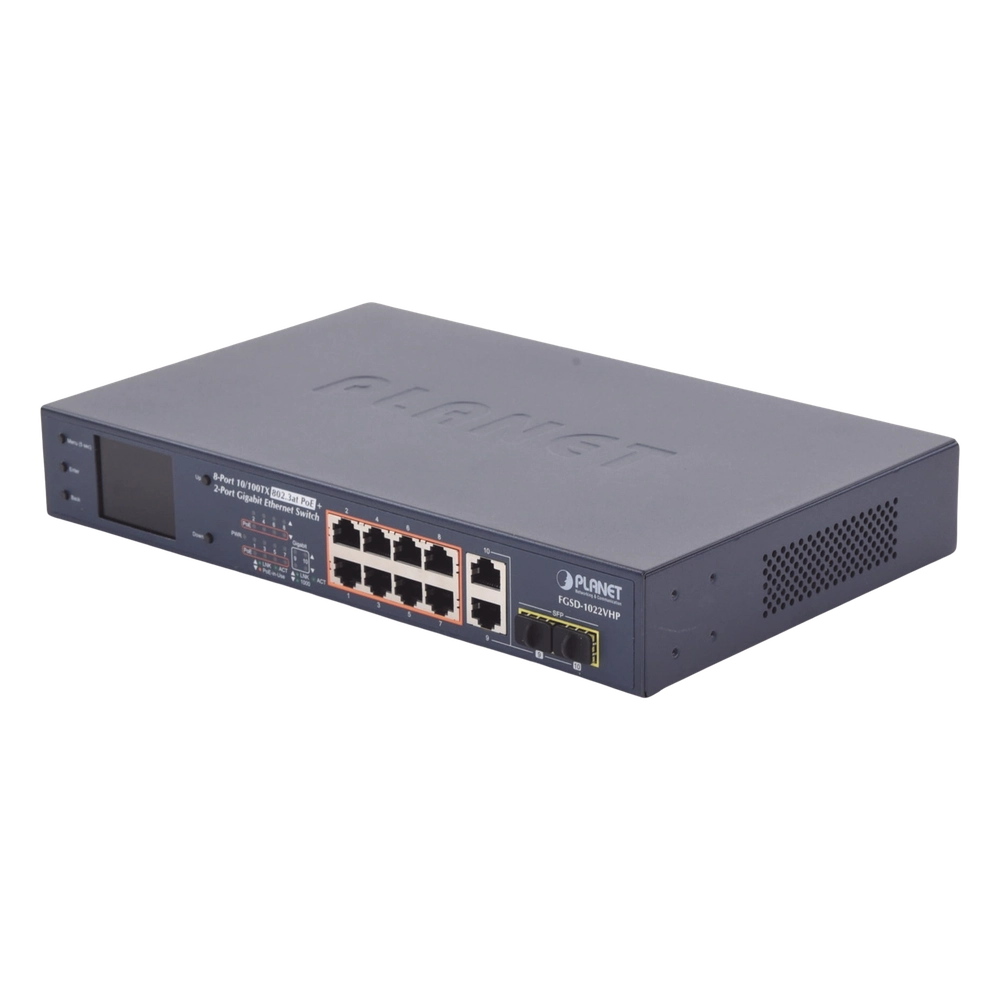 Switch PoE+ / Distancia 250 Metros / 8 Puertos + 2 Combo TP/SFP Gigabit y Pantalla LCD Para Monitoreo