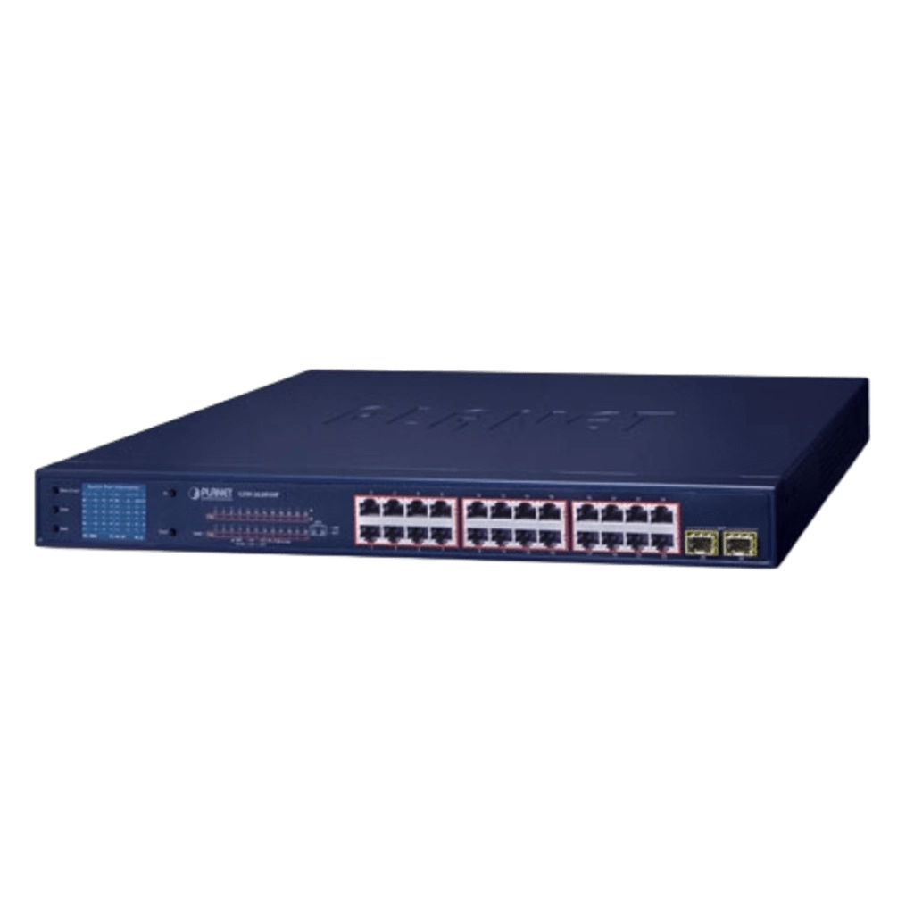 Switch PoE de 24 Puertos Gigabit 802.3af/at con Modo Extendido 250 m, 2 Puertos SFP 1000SX , Pantalla LCD para Configuración Básica, Hasta 300 W para PoE