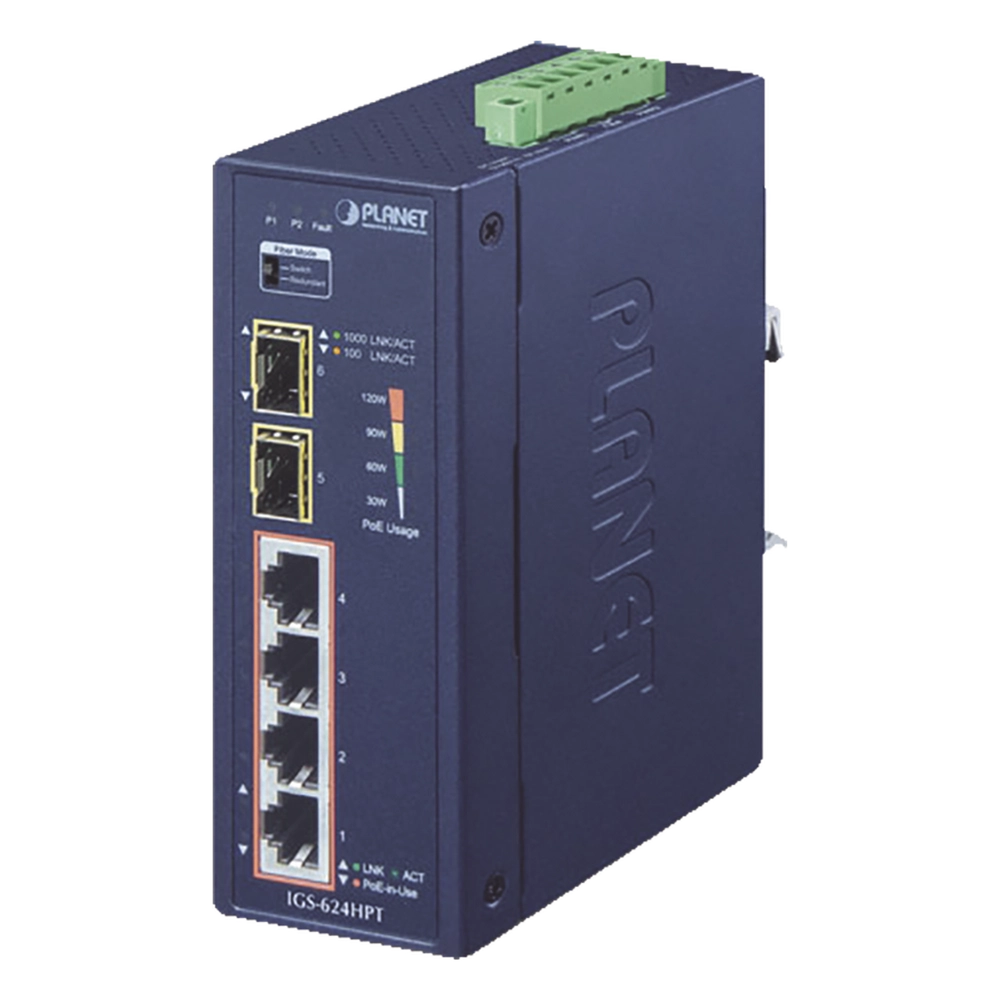 Switch PoE Industrial No Administrable de 4 Puertos PoE 10/100/1000T 802.3at, 2 Puertos SFP 10/1000X