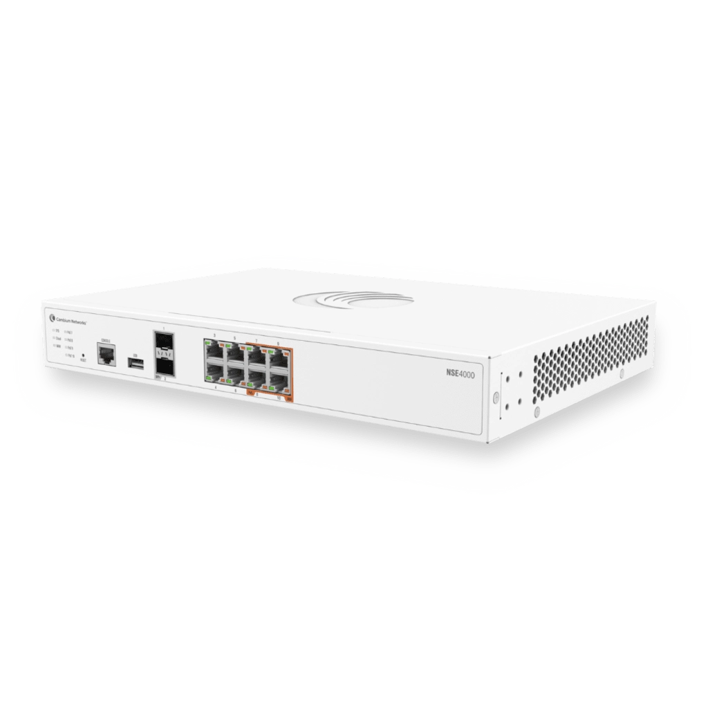 Network Service Edge NSE 4000 / 10 Gbps Firewall Throughput / 2.5 Gbps Advanced Security Throughput / 8 x 2.5 GbE RJ45 / 2 x 10 GbE SFP+ / SD-WAN / VPN / Cloud Management cnMaestro