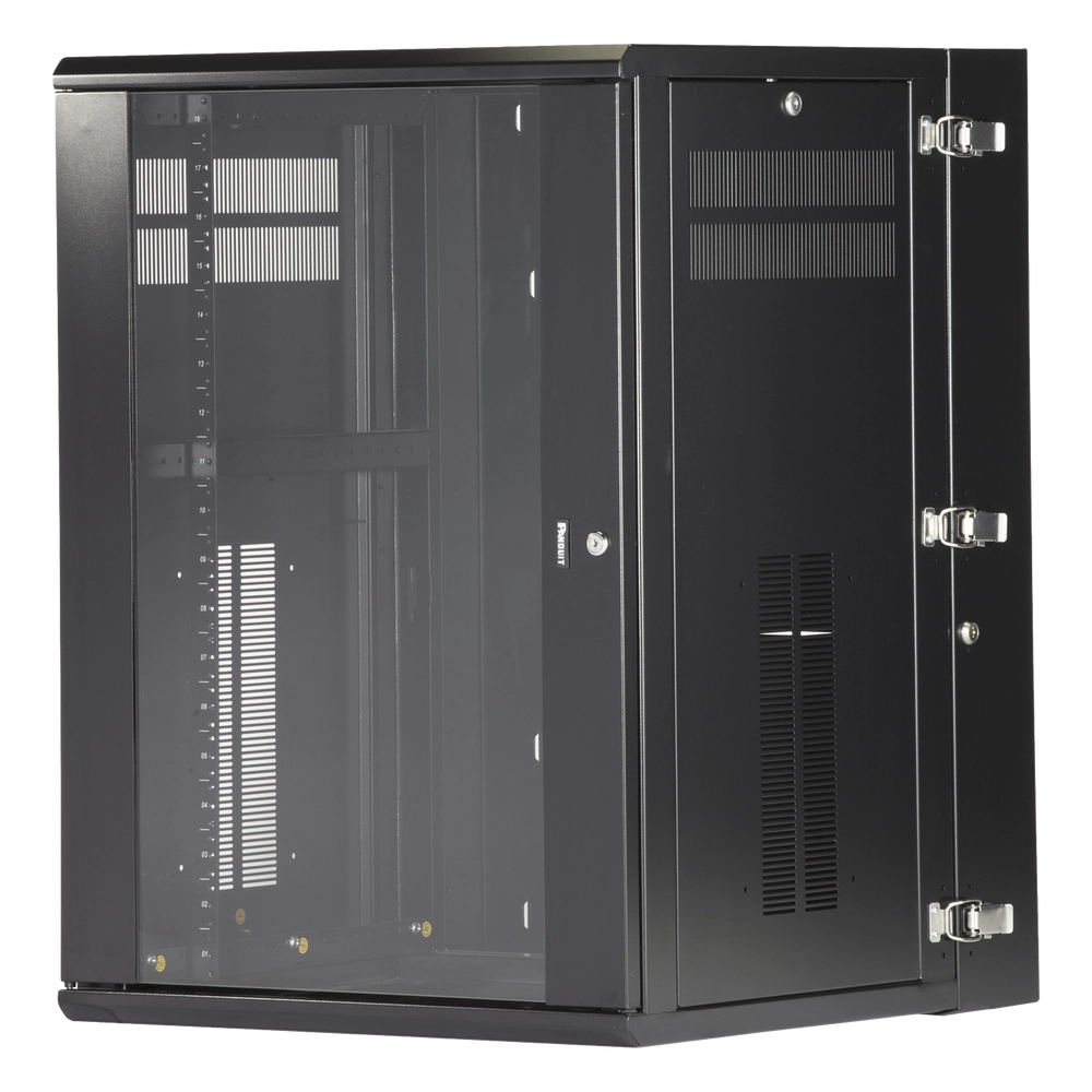 Gabinete PanZone de Montaje en Pared, de 19in, Puerta con Ventana de Seguridad, 18 UR, 635mm de Profundidad, Color Negro