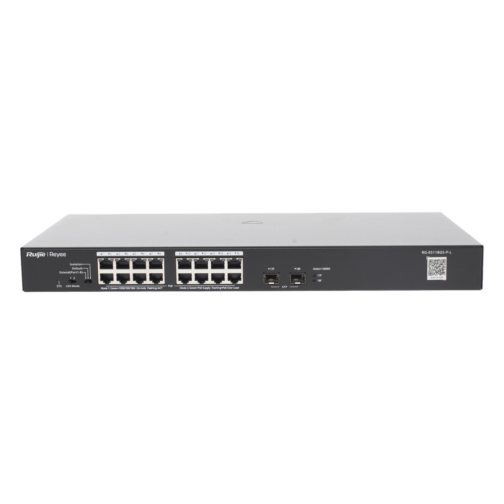 Switch PoE+ No Administrable, Hasta 247 Watts, con 16 Puertos Gigabit PoE+ y 2 Uplinks SFP 1G, Visible en la Topología