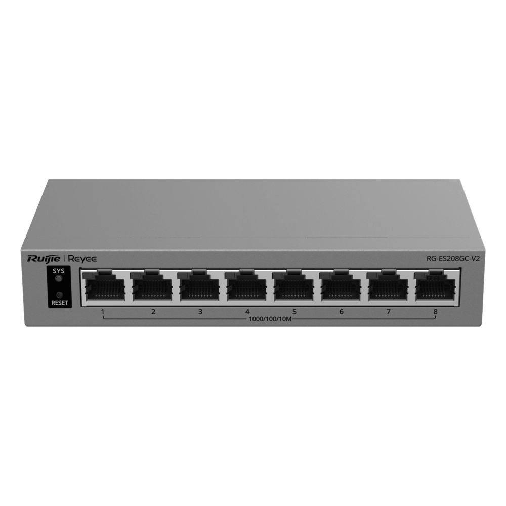Switch Gigabit Smart Cloud-Managed / 8 Puertos 10/100/1000BASE-T / Capa 2 / Switching 16 Gbps / AI-Powered Failover / Modo CCTV Un-Click / Gestión Cloud Ruijie & App Reyee / Diseño Fanless / Gabinete Metal / Protección Surge 6 kV