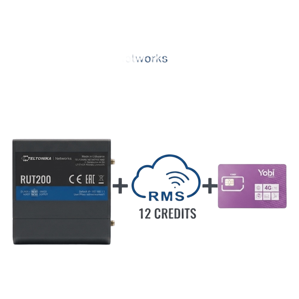Router Teltonika LTE/4G RUT200 + 12 creditos RMS + SIM de YOBI de 1GB por Mes durante un año de servicio (solo datos)