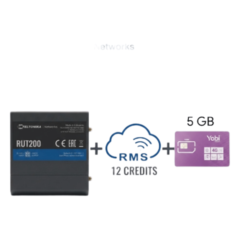 Router Teltonika LTE/4G RUT200 + 12 creditos RMS + SIM de YOBI de 5GB por Mes durante un año de servicio (solo datos)
