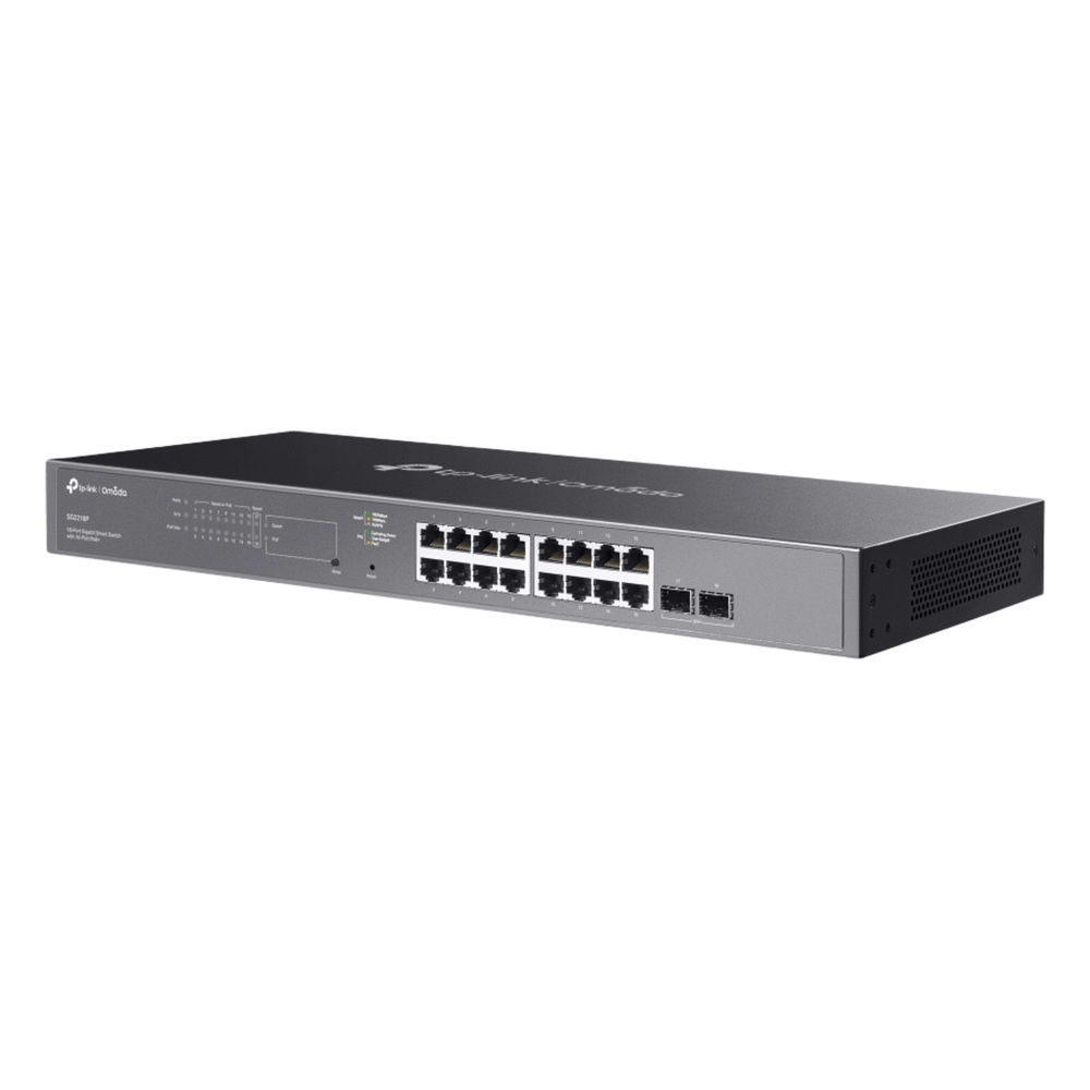 Switch Smart Omada 18 Puertos Gigabit / 16 Puertos PoE+ 802.3af/at / 2 Ranuras SFP Gigabit / Presupuesto PoE 150 W / Switching 36 Gbps / Enrutamiento Estático L2+ / Gestión Cloud SDN / Fanless / Montable en Rack - Imagen 3