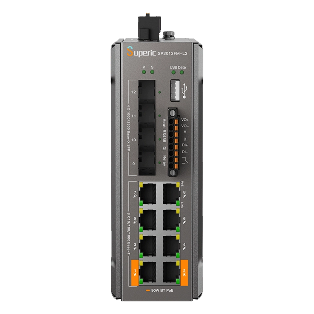 Switch de Red SP3012FM-L2(V3) / 8 Puertos 10/100/1000Mbps PoE / 4 Puertos SFP 1000M/2.5Gbps / Capacidad de Conmutación 36Gbps / Presupuesto PoE 240W / Alimentación Dual DC / Instalación DIN-rail, Pared o Escritorio / Certificaciones C