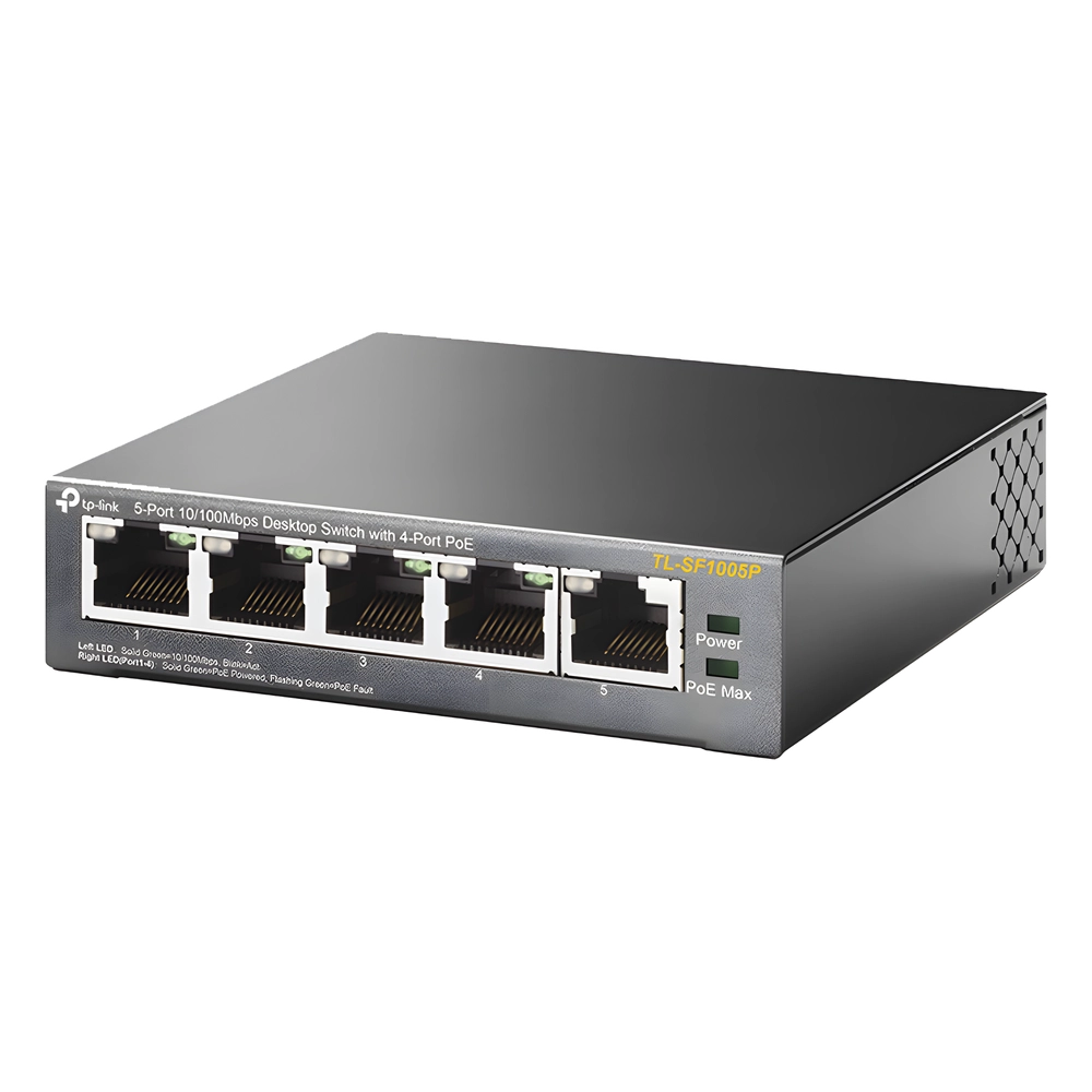 Switch PoE no Administrable de escritorio / 5 puertos 10/100 Mbps / 4 puertos PoE af/at / Presupuesto 67 W / Modo Extensor hasta 250 m / Calidad video prioritaria