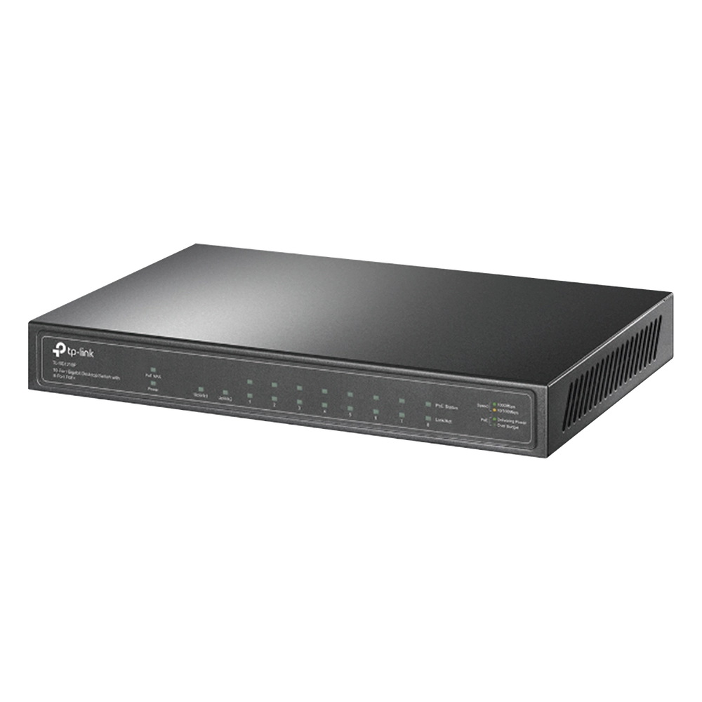 Switch de escritorio PoE+, no Administrable 8 puertos 10/100/1000 Mbps + 1 puertos 10/100/1000 Mbps (Uplink) + 1 puerto SFP, 63W