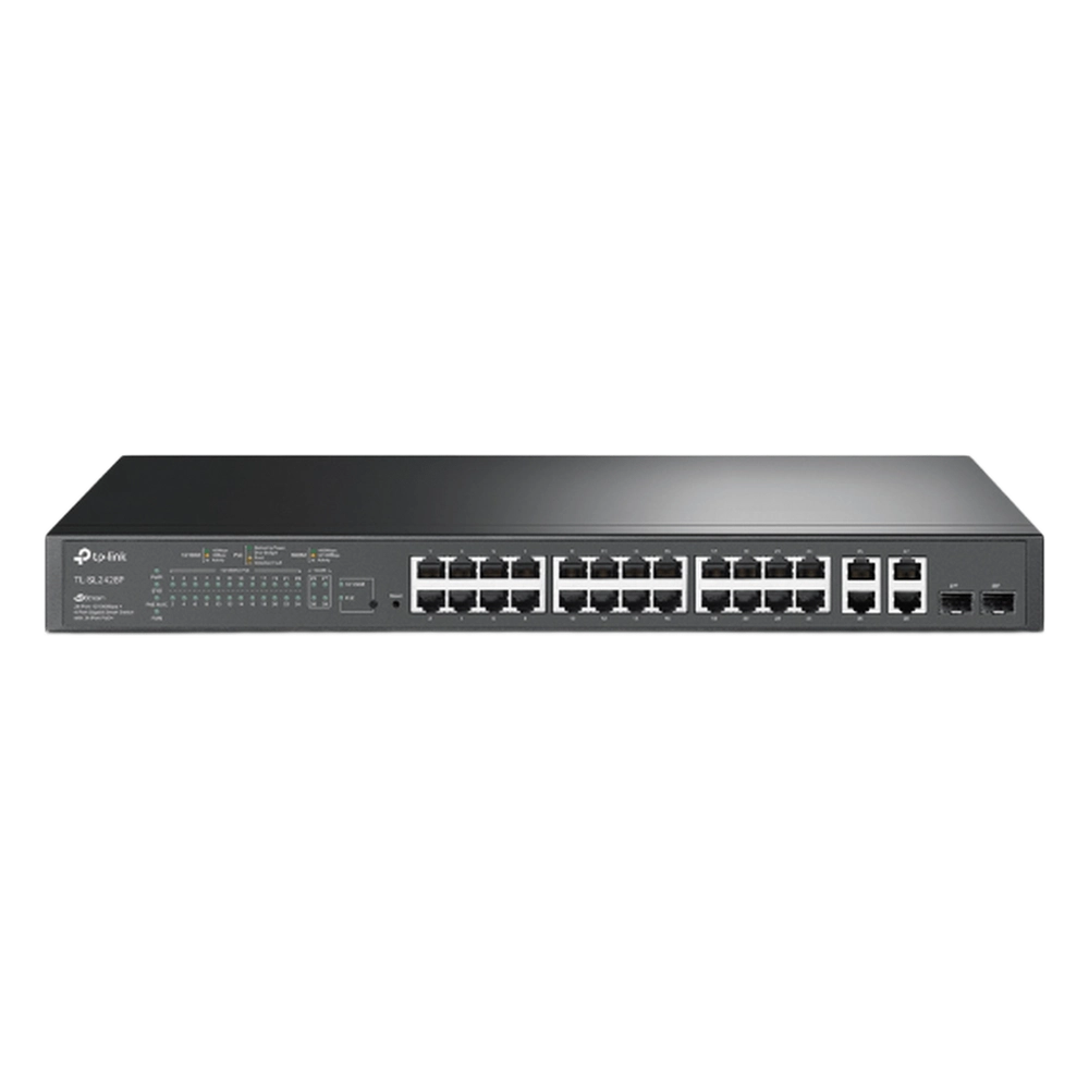 Switch PoE+ JetStream SDN Administrable 24 puertos 10/100 Mbps + 2 puertos 10/100/1000 Mbps (Uplink) + 2 puertos SFP (combo 2 RJ45 10/100/1000 Mbps), 250W, administración centralizada OMADA SDN