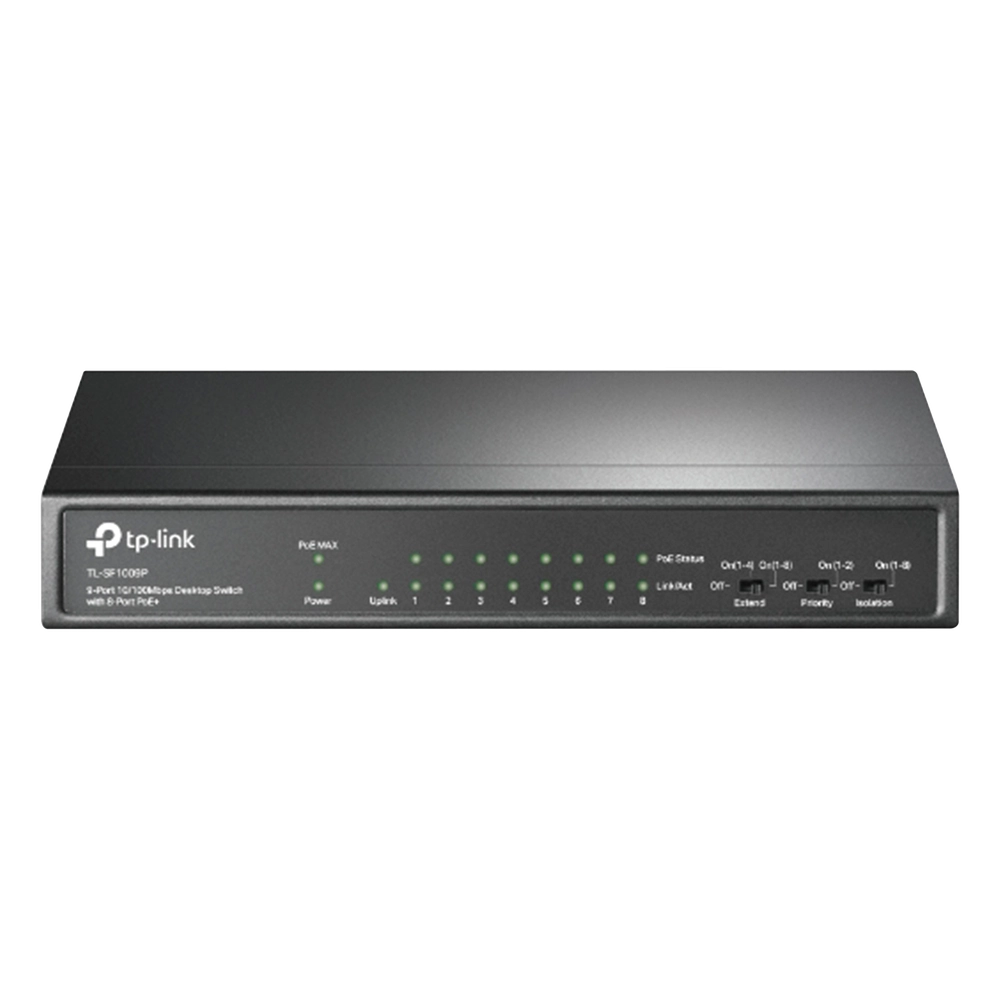 Switch PoE+ No Administrable / De Escritorio 9 puertos 10/100 Mbps / 8 puertos PoE af/at Inteligente / Presupuesto 65 W / Hasta 250 metros