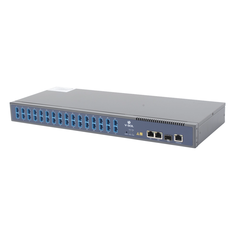 OLT de 1 GPON puerto con Splitter de 1 a 32 SC/UPC Incluido + 3 puertos Uplink (2 puertos Gigabit Ethernet + 1 puerto SFP/SFP+) , hasta 128 ONUS