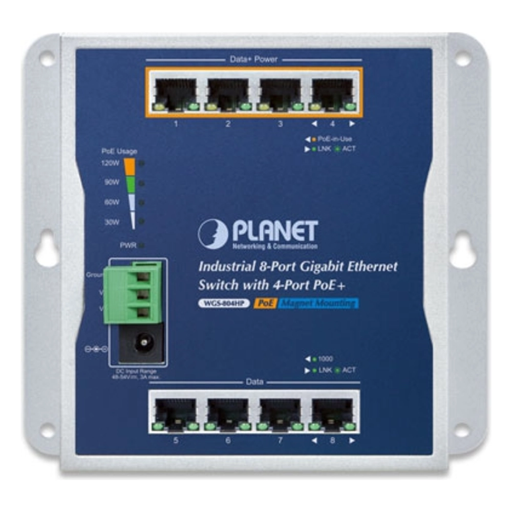 Switch Industrial No Administrable, Múltiple Montaje (Pared, Riel DIN y Magnético), 8 Puertos Gigabit con 4 puertos PoE 802.3at, Hasta 120 W. - Imagen 2