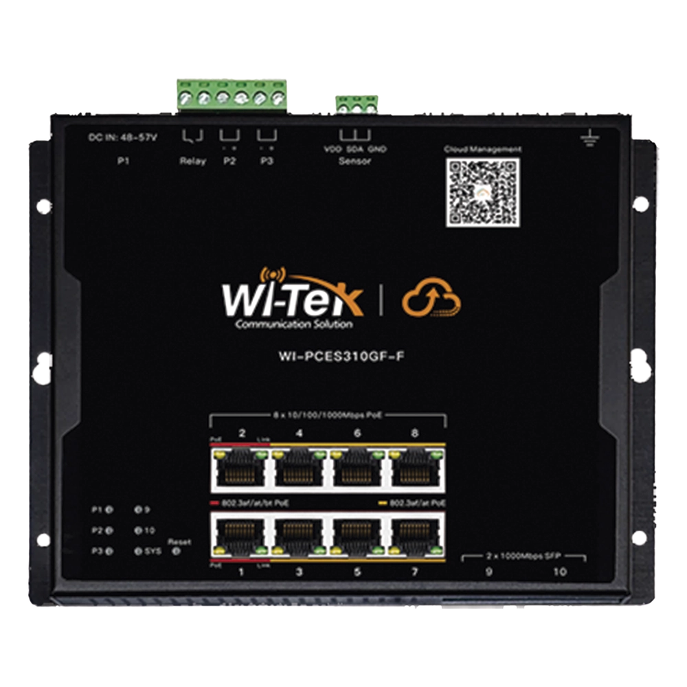Switch L2 PoE Industrial / Administración Cloud Gratuita / 8 Puertos PoE af/at/bt 10/100/1000 Mbps / 2 Puertos SFP Gigabit / Máx Presupuesto PoE 145 W / Montaje Magnético - Riel DIN.