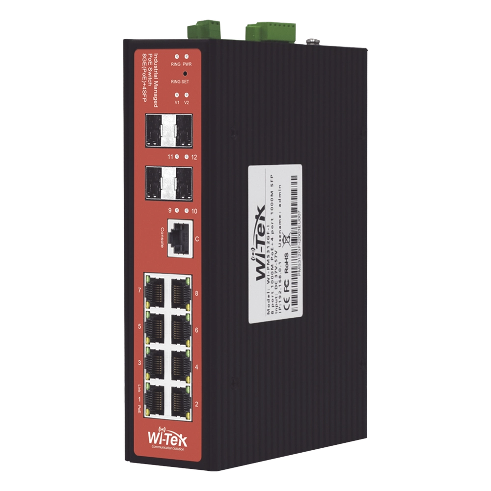 Switch Industrial Administrable / PoE Mixto 24/48V / 8 Puertos Gigabit + 4 SFP / Puertos 3-4 802.3 af/at/bt 60W / Protección 8kV / Riel DIN